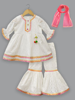 A.T.U.N. - Girls White Schiffli Self Design Kurti & Sharara with Dupatta (Set of 3)