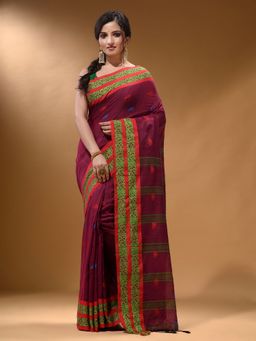 Arhi - Magenta Cotton Handspun Soft Nakshi Border Saree with Unstitched Blouse