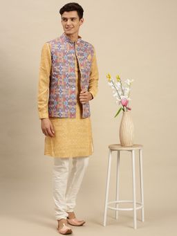 Sanwara - Mens Printed Art Silk Multi Color Jacket and Kurta (Set of 3)