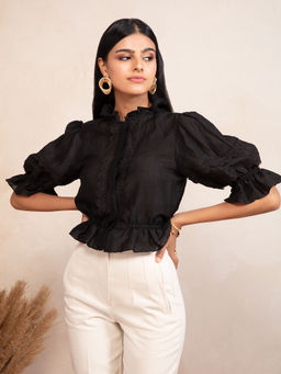RSVP by Nykaa Fashion - Black Solid Ruffled Neck Linen Crop Top