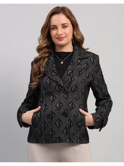 Monte Carlo - Black Women Regular Fit Geometric Notched Lapel Neck Full Sleeve Blazer