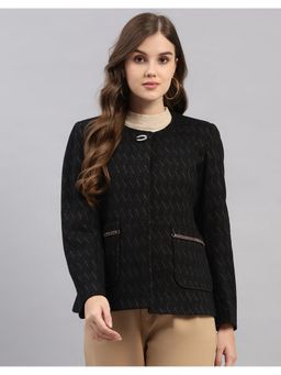 Monte Carlo - Black Women Regular Fit Self Designed Round Neck Full Sleeve Wintercoat