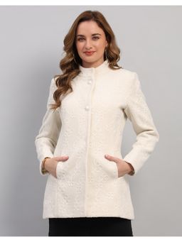 Monte Carlo - Off White Women Regular Fit Embroidered High Neck Full Sleeve Winter Coat
