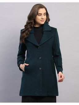 Monte Carlo - Teal Women Regular Fit Textured Notched Lapel Neck Full Sleeve Winter Coat