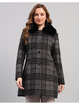 Monte Carlo - Black Women Regular Fit Checked Pattern Collared Neck Full Sleeve Winter Coat