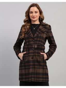 Monte Carlo - Brown Women Regular Fit Checked Notched Lapel Full Sleeve Winter Coat With Belt