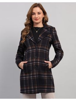 Monte Carlo - Navy Blue Women Regular Fit Checked Notched Lapel Neck Full Sleeve Winter Coat