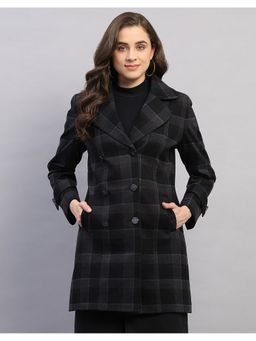 Monte Carlo - Black Women Regular Fit Checked Pattern Notched Lapel Neck Full Sleeve Winter Coat