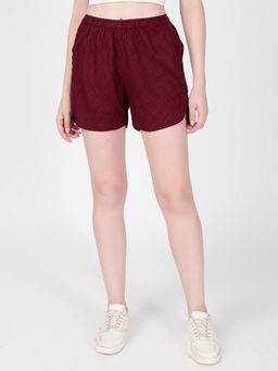 Bene Kleed - Women Maroon Textured Shorts With Side-Snap Detailing