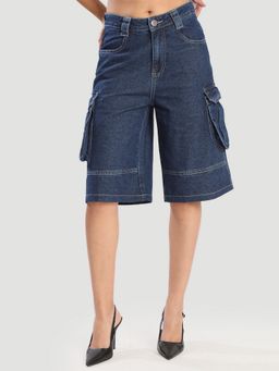 Bene Kleed - Women Navy Blue Relaxed Fit Cargo Bermuda Denim Shorts