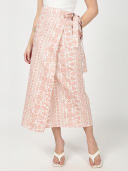 Bene Kleed - Peach Women Geometric Printed Wrap-Around Midi Skirt