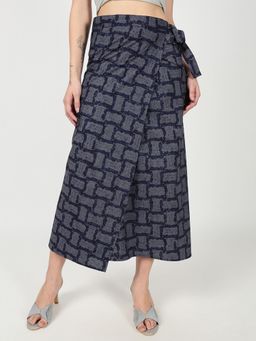 Bene Kleed - Blue Women Abstract Printed Wrap-Around Midi Skirt
