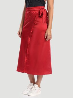 Bene Kleed - Women Red Satin Wrap-Around Midi Skirt