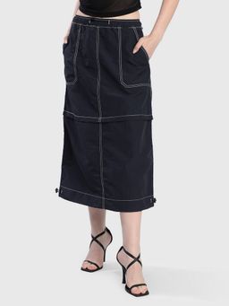 Bene Kleed - Women Navy Blue Contrast Stitch Midi Skirt