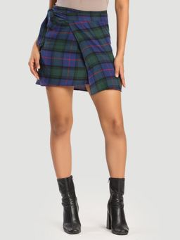 Bene Kleed - Women Blue Checked Wrap-Around Mini Skirt
