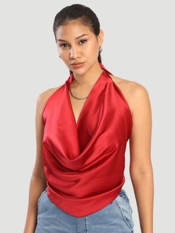 Bene Kleed - Women Red Satin Back and Neck Tie Up Crop Top