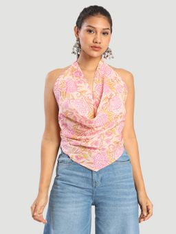 Bene Kleed - Women Pink Floral Printed Back and Neck Tie Up Crop Top