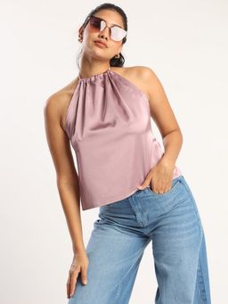 Bene Kleed - Women Halter Neck Satin Tie Up Pink Adjustable Crop Top