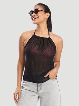 Bene Kleed - Black Women Halter Neck Tie Up Adjustable Crop Top