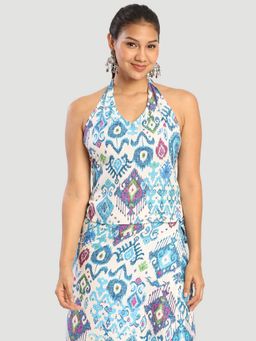 Bene Kleed - Off White Women Abstract Printed Halter Neck Tie Up Adjustable Crop Top