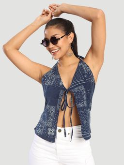 Bene Kleed - Navy Blue Women Halter Neck Front Tie Up Adjustable Crop Top