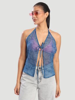 Bene Kleed - Blue Women Halter Neck Front Tie Up Adjustable Crop Top
