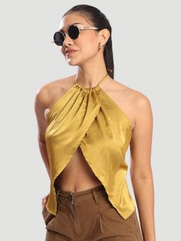 Bene Kleed - Gold Women Adjustable Cross Halter Neck Adjustable Crop Top
