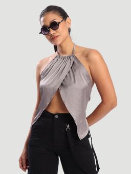 Bene Kleed - Grey Women Adjustable Cross Halter Neck Adjustable Crop Top