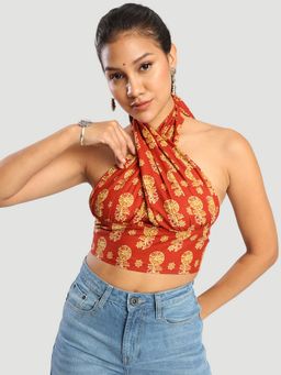 Bene Kleed - Women Orange Adjustable Halter Neck Crop Top
