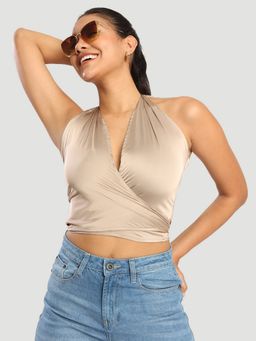Bene Kleed - Women Crisscross Adjustable Beige Satin Crop Top