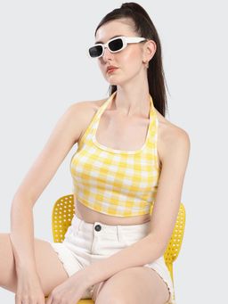 Bene Kleed - Women Yellow Checked Halter Neck Crop Top