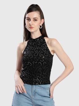 Bene Kleed - Black Halter Neck Sequined Crop Top