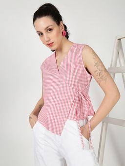 Bene Kleed - Pink Women Over Lap Check Side Knot Crop Top