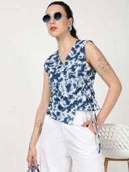 Bene Kleed - Blue Women Over Lap Printed Side Knot Crop Top