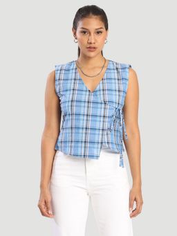 Bene Kleed - Women Over Lap Blue White Checked Adjustable Side Knot Crop Top