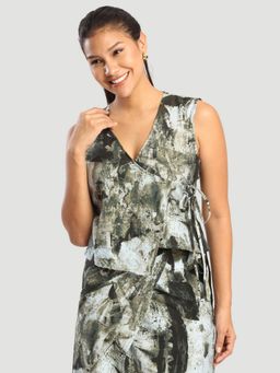 Bene Kleed - Olive Women Over Lap Abstract Printed Adjustable Side Knot Crop Top