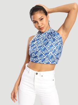 Bene Kleed - Women Blue Abstract Printed Handkerchief Style Multipurpose Crop Top