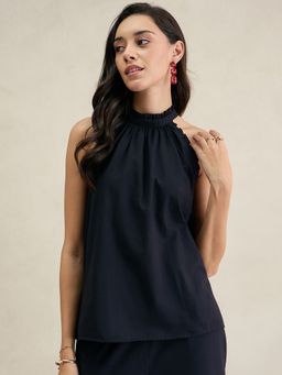 Femmella - Black Cotton Halter Neck Top