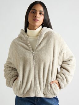 Femmella - Women Off White Zip-Up Fur Hoodie