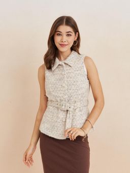 Latin Quarters - Women Beige Self Design Sleeveless Casual Cardigan With Belt