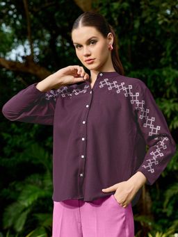 PURVAJA - Women Wine Linen Mandarin Neck Casual Shirt