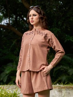PURVAJA - Women Brown Linen Mandarin Neck Casual Shirt