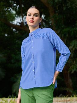 PURVAJA - Women Blue Linen Mandarin Neck Casual Shirt