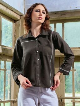 PURVAJA - Women Brown Linen Collar Neck Casual Shirt