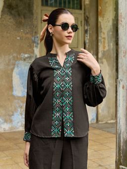 PURVAJA - Women Brown Linen Mandarin Neck Casual Shirt