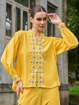 PURVAJA - Women Yellow Linen Mandarin Neck Casual Shirt