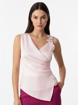 Outzidr - Pink V Neck Applique Wrap Top