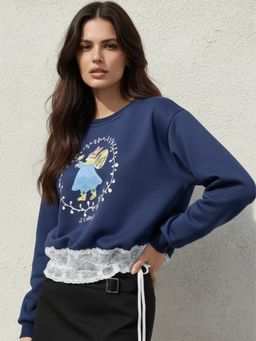 Outzidr - Navy Blue Full Sleeve Lace Hem Graphic Pullover Sweatshirt