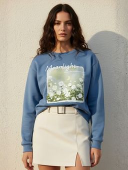 Outzidr - Blue Graphic Printed Oversized Fleece Sweatshirt