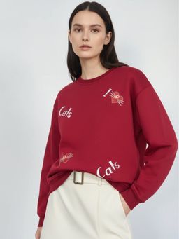 Outzidr - Red Graphic Printed Oversized Sweatshirt